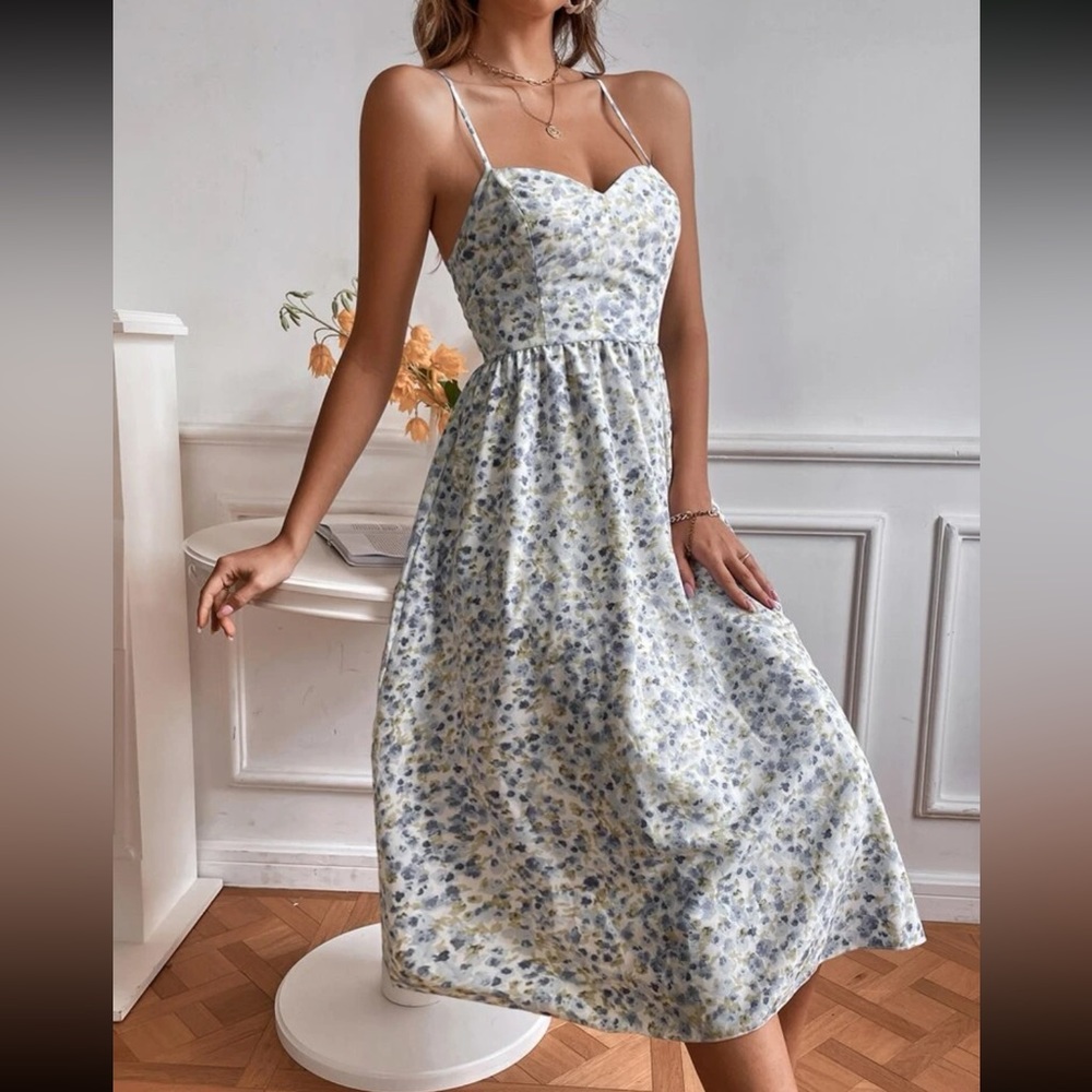 Floral print lace up backless cami dress